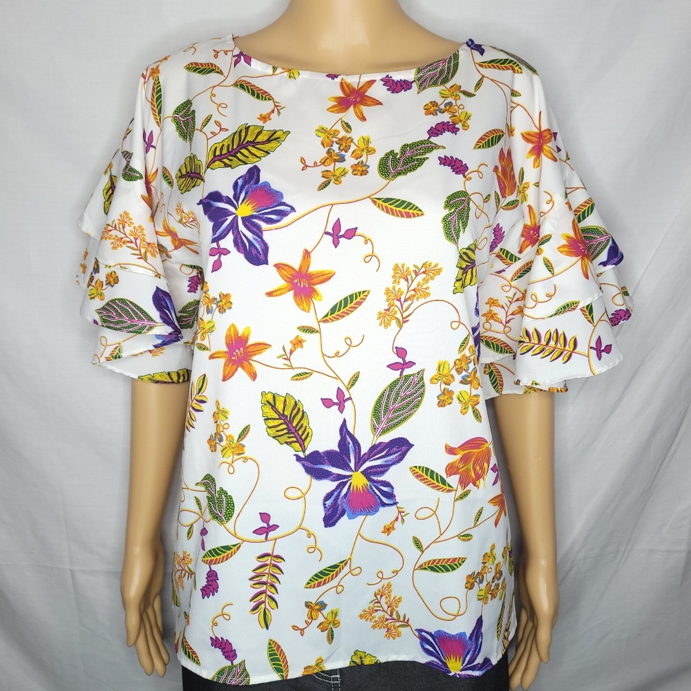 HARLOW & ROSE WHITE FLORAL PRINT RUFFLE SLEEVE BLOUSE EUC SMALL
